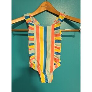 Wonder Nation Girls 4T Swim Suit Size Stripe 1 Piece Colorful Ruffle Swimsuit